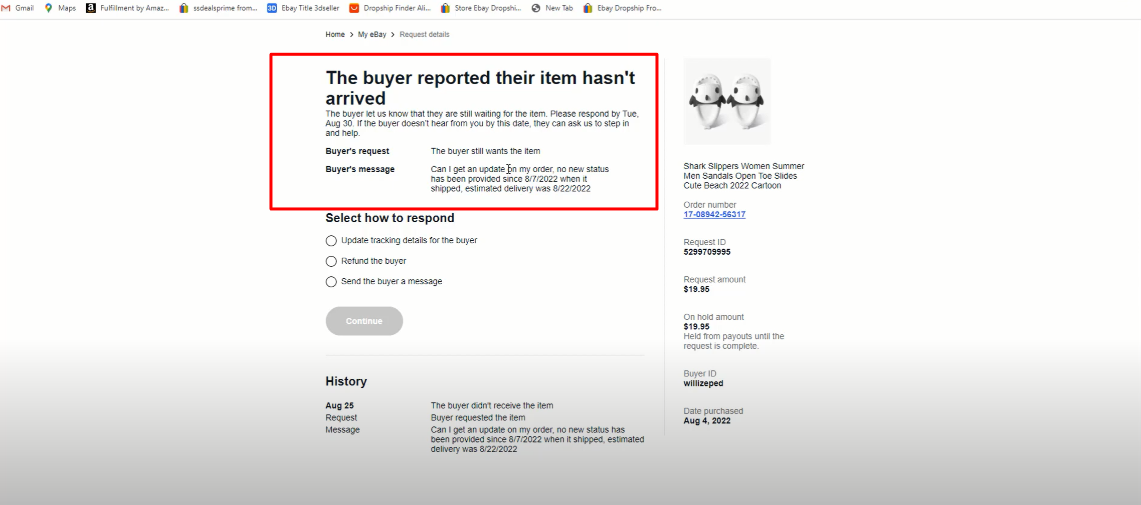 khách hàng gửi khiếu nại cho ebay về việc giao hàng chậm trễ